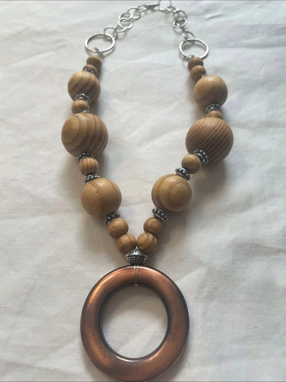 Wood Bead Pendant Necklace in Brown & Silver
10” drop